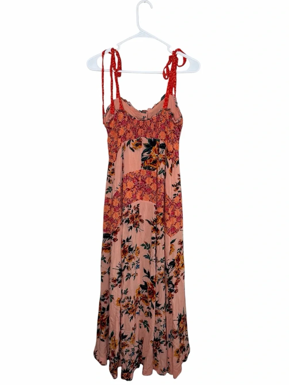Free People Lover Boy Maxi Dress Size 2 Coral Combo Button Tie Straps Floral